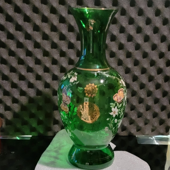 VINTAGE NORLEANS ITALIAN MADE FLORAL/BUTTERFLIES HANDPAINTED GREEN VASE 16" Tall - Picture 6 of 7